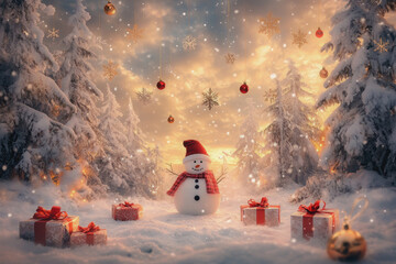 Obraz premium Playful winter wonderland with snowman, Christmas gifts, and festive decorations
