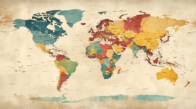 Fototapeta world map with detailed continents, labeled countries, and major cities in soft pastel colors against a light textured background 