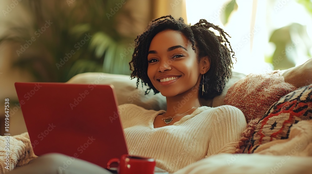 Poster a woman is sitting on a couch with a laptop and a red coffee mug she is smiling and she is enjoying 