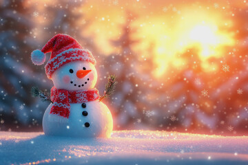 Playful snowman in a Christmas-themed winter forest with falling snow