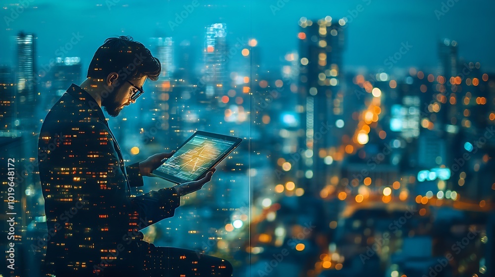Poster Digital marketing data exchange global business Businessman using digital tablet computer double exposure with smart city online marketing data transfer global internet network technol : Generative AI