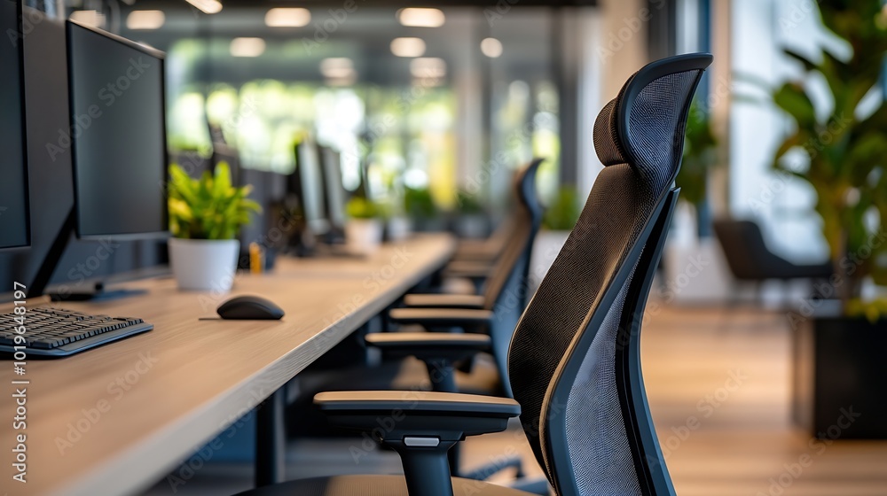 Poster modern office interior with sleek chairs and minimalist desks creates a bright and uncluttered works