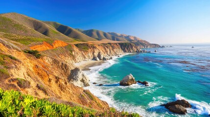 Fototapeta premium Scenic Ocean View with Rugged Cliffs and Clear Water