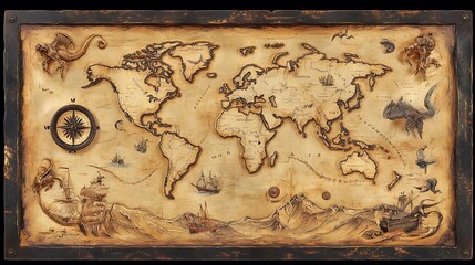 world map with sepia tones, worn edges, and old-style cartographic elements like compasses and sea monsters, showcasing historical exploration routes 