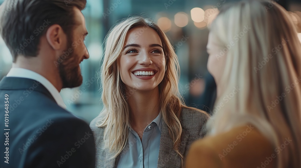 Leinwandbilder Group of happy people in business attire engaged in a conversation in their office They are discussing and sharing ideas for their project showing teamwork and cooperation : Generative AI