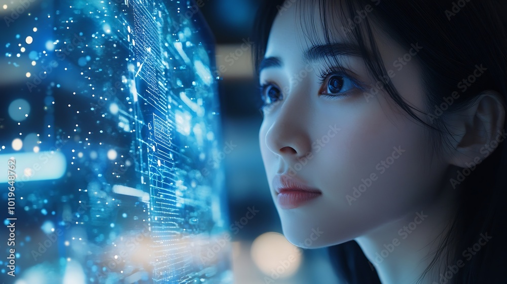 Aufkleber Digital technology global internet network connection big data digital marketing IoT internet of things Woman using modern computer surfing internet futuristic technology background : Generative AI