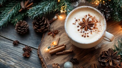 Warm Coffee Topped With Spices and Surrounded by Pinecones in a Cozy Winter Setting