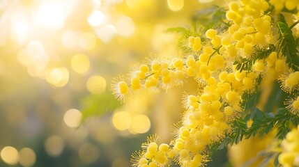 Beautiful bright yellow hairy mimosa flowers closeup Blooming mimosa tree in early spring waves on wind Sunny spring day Acacia dealbata Fluffy flowers in spring garden with sunny boke : Generative AI
