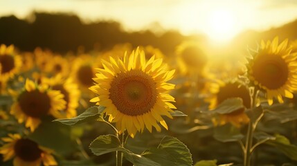 A vibrant sunflower field under a sunset sky