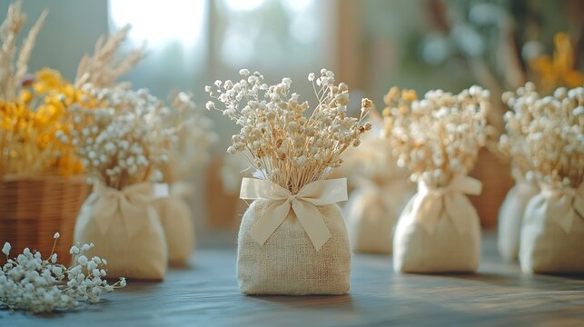 Wedding favors packaging in craft bags with custom label and dry flowers decoration ecological party diy handmade souvenirs in natural color : Generative AI