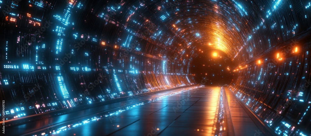 Poster Futuristic tunnel with glowing lights and dark walls.