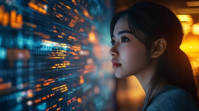 Computer code hologram and woman thinking of data analytics information technology or software overlay at night Laptop solution and IT people with algorithm statistics and cybersecurit : Generative AI