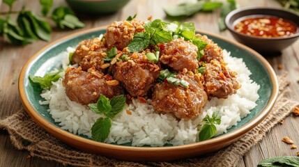 Flavorful Dish with Rice and Garnish