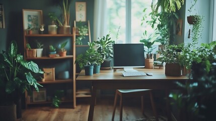 Stylish interior of room with comfortable workplace and houseplants : Generative AI