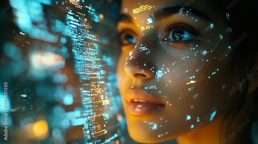 Fototapete Thinking code hologram and woman with tablet data analysis digital technology and software overlay at night Programmer or Indian person with 3d screen programming stats and cybersecuri : Generative AI