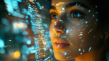 Thinking code hologram and woman with tablet data analysis digital technology and software overlay at night Programmer or Indian person with 3d screen programming stats and cybersecuri : Generative AI