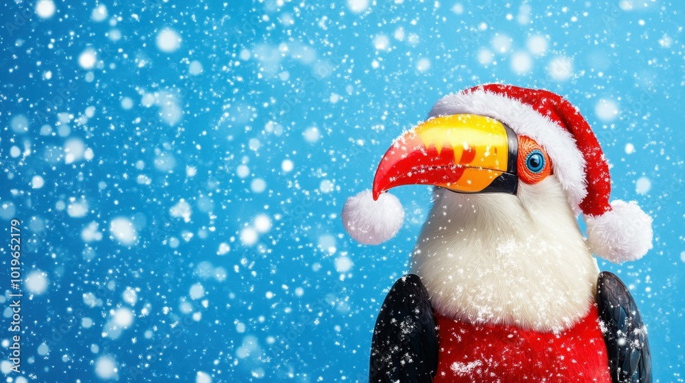 Wall mural A festive toucan dressed as Santa brings holiday cheer in a snowy scene, spreading joy all around