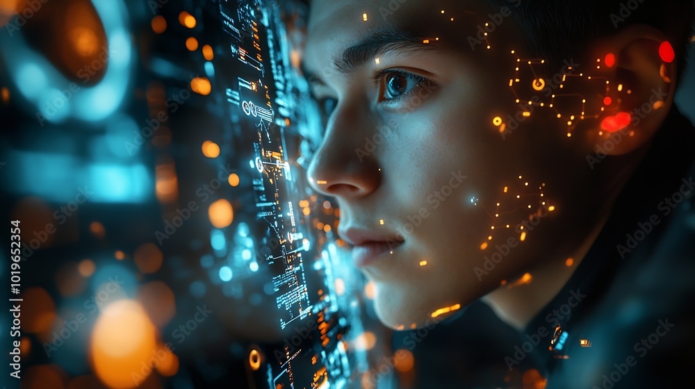 Fototapete Man using tools AI technology smart robot science and artificial intelligence technology and innovation futuristic and global connection for providing access to information and data on : Generative AI