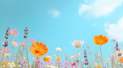 Obraz premium A stunning field of light peach and lavender flowers captured from a ground level perspective with the serene blue sky in the background