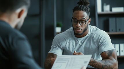 Fototapeta premium A focused conversation between two people, highlighting one individual in glasses and a gray shirt, discussing a document in a modern, professional setting.