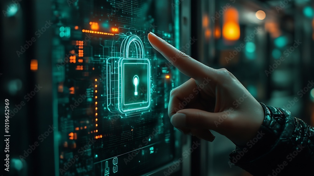 Poster Cyber security Hand hold digital padlock Login verified identity credentials on network of data protection technologyOnline internet authorized access against cyber attack and business : Generative AI