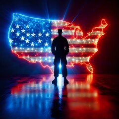 Silhouette of Soldier Against American Flag Map