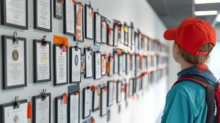 A wall filled with framed certificates and diplomas