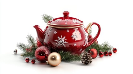 Festive Red Teapot Adorned With Snowflakes and Surrounded by Holiday Ornaments and Pine Branches
