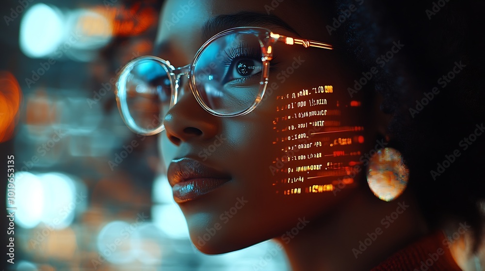 Poster Black woman with tablet erp data hologram and innovation research and programming in future information technology Futuristic network analytics and developer for startup business websi : Generative AI