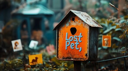 A weathered and distressed wooden sign attached to a rustic fence reading Lost Pet and surrounded by various flyers and posters