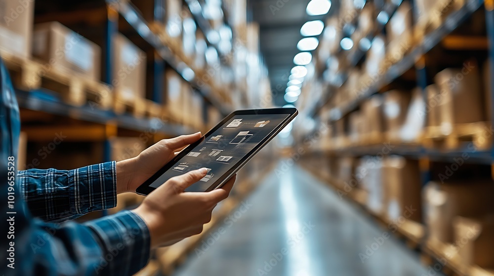Poster business logistics technology conceptman hands using tablet on blurred warehouse as background : gen