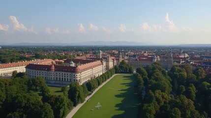 Obraz premium Aerial View of Historic Building and Lush Green Park