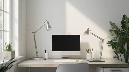 Obraz premium A contemporary home office featuring a sleek metal pipe table lamp on a minimalist desk, highlighting eco-conscious design and simplicity.
