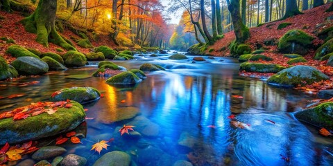 Serene River Flowing Through a Canopy of Golden and Crimson Autumn Leaves, Reflecting the Sky in its Still Waters