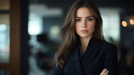Obraz premium Portrait of a business woman in a strict black suit in the office : Generative AI