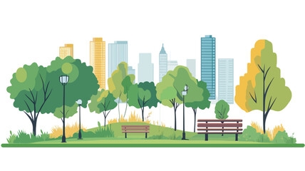 City park with trees and bench in flat style. Vector illustration.