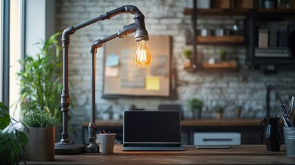 A creative eco-friendly desk setup with a table lamp constructed from repurposed metal pipes, adding a sustainable touch to the workspace