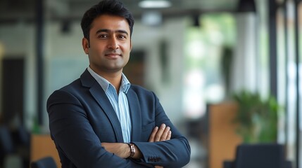 Happy Indian businessman professional leader standing arms crossed in office Smiling male employee business man company executive manager confident eastern entrepreneur at work portrai : Generative AI