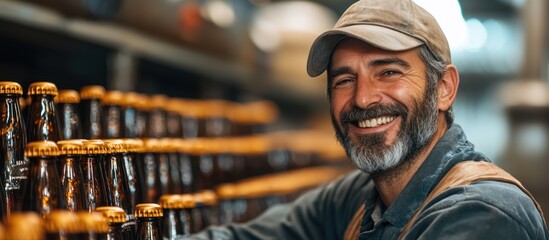Fototapeta premium Happy mature man smiling and looking at the camera in front of shelves of beer bottles.