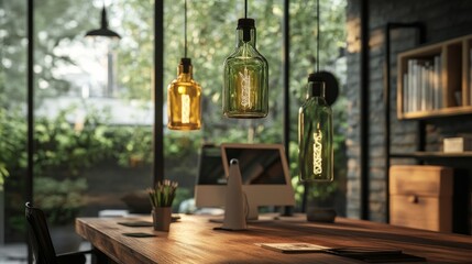 Obraz premium A modern workspace illuminated by vintage glass bottle pendant lights in shades of green, amber, and clear glass, creating a cozy atmosphere with their warm glow.