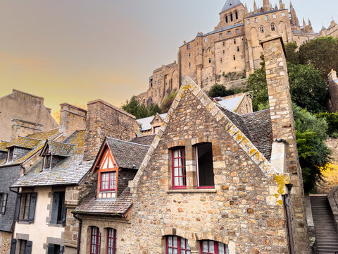 facade of houses on mont saint-michel in normandy, france