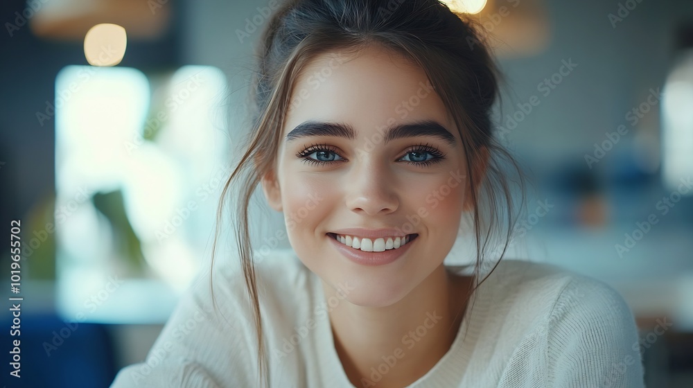 Aufkleber staying positive at office attractive lady in light clothes smiling at camera while sitting by board