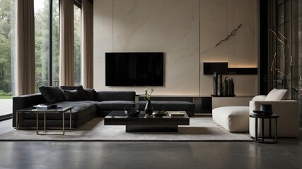 Modern Ultra Minimalist Living Room with Large Sofa and White Soft Tone (AI-Generated)  