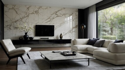 Modern Ultra Minimalist Living Room with Large Sofa and White Soft Tone (AI-Generated)  