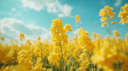 rapeseed blooming in a field with yellow flowers rapeseed plantation during flowering against a blue sky background : Generative AI