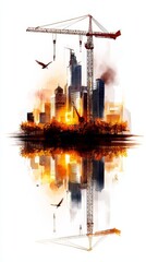 Watercolor skyline featuring cranes and construction sites, symbolizing real estate development.