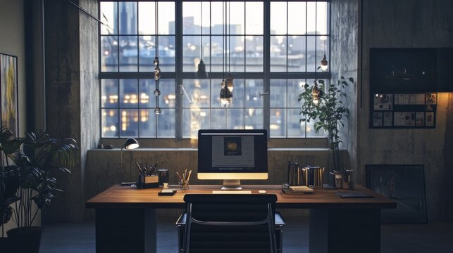 A stylish workspace featuring a desk beneath contemporary ceiling light fixtures, casting soft, ambient light across the room.