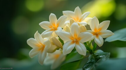 Fototapeta premium A group of white and yellow Wood champa Flowers : Generative AI