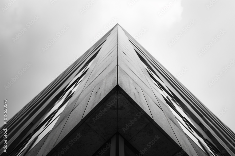 Wall mural looking up at a modern high-rise residential building facade in triangular design