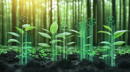 Green plants with digital growth symbols in a forest setting.